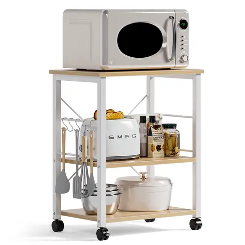 3-Tier Rolling Kitchen Cart - Standing Baker's Rack & Appliance Storage Shelf, Microwave Stand for Small Spaces w/Wheels, Smooth Waterproof Wooden, 23.6"L x 15.7"W x 28.7"H, Holds 55 lbs, Lockable Casters