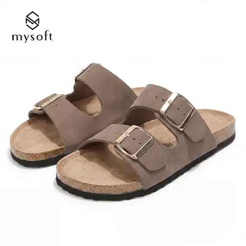 Mysoft Women's Flat Sandals with 2 Adjustable Buckle Straps, Cork Footbed Slides for Summer, Comfortable Slip-On Shoes, Shoes For Women, Adjustable Size Women's Flat Sandals tiktokshopbacktoschool,back to school,back to school haul