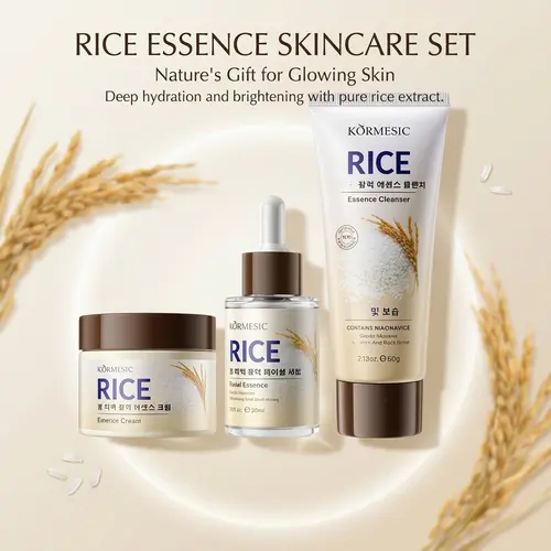 KORMESIC Korean Rice Skin Care Set includes 3 products: facial cleanser, essence, and face cream. It gently nourishes and moisturizes, deeply replenishing water. It is a high-quality beauty gift specially designed for women, teenagers, and girls