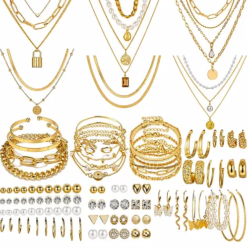 Women's 108PCS Gold Plated Costume Jewelry Set - Minimalist Stacking Daily Casual Accessories, Gold Necklace and Earring Set, Cost-Effective Bundle with Bracelet, Ring