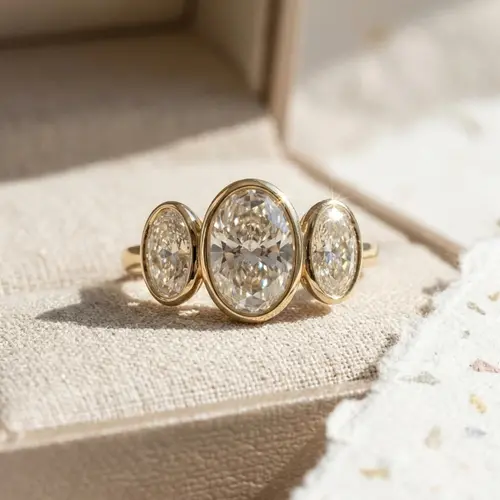 RIQUINNI Three Stone Oval Cut Moissanite Engagement Ring, D Color VVS1, Gold Plated Sterling Silver, Bezel Set, Sizes 4-12 summerwins