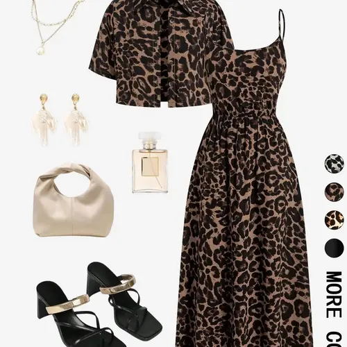 Women's Leopard Print Two-Piece Set, Adjustable Spaghetti Strap Cinched-Waist Midi Dress & Collared Short Sleeve Cropped Shirt, Boho Casual Style for Vacation, Date & Streetwear, Boho Summer Dress