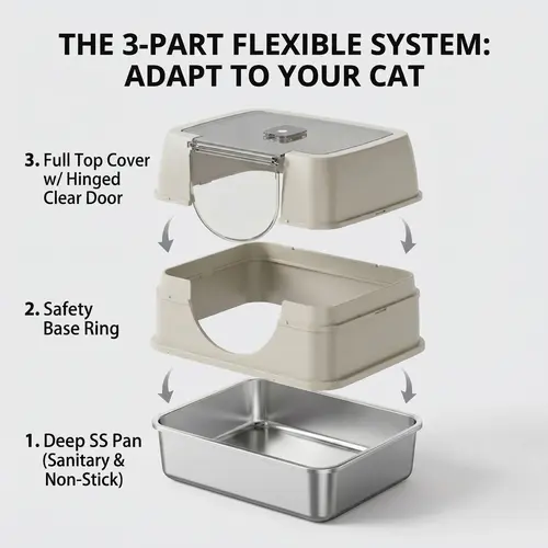 Premium Stainless Steel Litter Box Enclosure for Cats Up to 25lbs, Stink Control Litter Box for Small & Medium Cats 19.69in x 13.78in x 13.78in, Modular Antibacterial Non-Stick Flip-Top Lid, Minimalist Beige/Gray Hygienic Cat Litter Cabinet