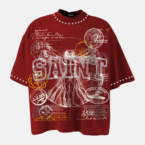 Sopula Studio Men's Oversized Cotton Short-Sleeve Round Neck Retro Graphic T-Shirt - Saints Rhinestone Stamp Collage, Vitruvian Man Print, S-XL, Streetwear Clothing, Loose Menswear, Cold Wash Compatible Top