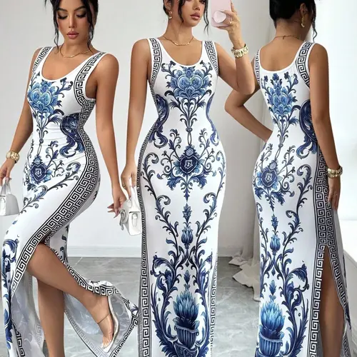 Elegant Printed Chinese Style Belted Split Hem Luxurious Chic Vintage Middle Eastern Uae Robe Gowns, New Arrival Maxi Print Dress Clothes