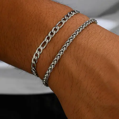 2-Piece Casual Stainless Steel Men's Bracelet Set, Fashion Street Hip Hop Figaro & Wheat Chain, Daily Party Gift for Boyfriend Son Birthday Father's Day