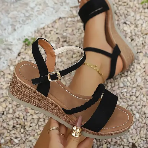 Women's Bohemian Style Hemp Braided Wedge Sandals, Boho Style Sandals, Adjustable Buckle Ankle Strap, Summer Beach Commute Casual Shoes, Open-Toe Comfortable Footwear, Casual Trendy Sandals