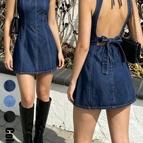 Women's Sleeveless Backless Sexy Short Denim Dress, Casual Wear, Fitted Waist A-Line Design, Dual Straps, Perfect for Summer Parties and Music Festivals