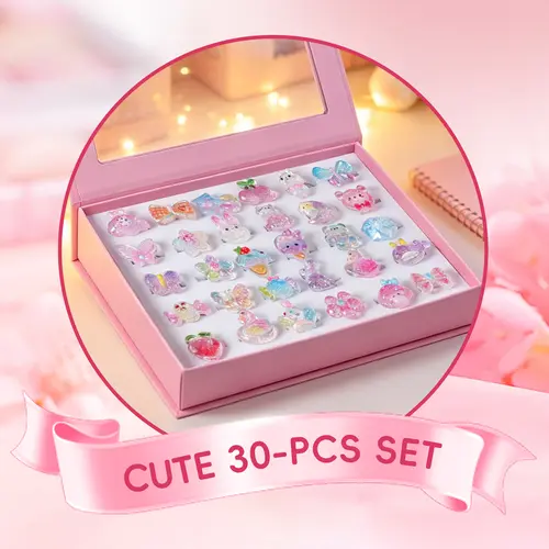 30PCS Adjustable Cartoon Glow-in-the-Dark Epoxy Resin Kids Rings - Nickel-Free, Safe, Colorful Matching, Girly Style, Party-Bag Fillers, for Ages 3-14, Kids' Costume Jewelry Gift