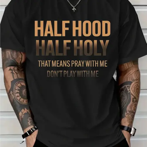 Men's "Half Hood Half Holy Pray with Me Don't Play with Me" Graphic T-Shirt - White with Bold Brown Lettering, Urban Streetwear Statement Tee, 100% Cotton Short Sleeve Round Neck Casual Shirt, All-Season Comfort, Machine Washable, Bold Christian Faith App