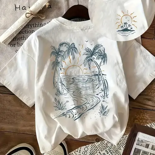 Women's Coconut Tree & Sun Print Round Neck Tee, Vintage Trendy Casual Short Sleeve T-shirt for Daily Wear, Ladies Summer, Top, Womenswear,Casual Summer T-Shirt with Crew Neck,viral graphic tees