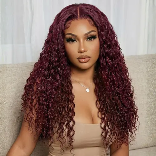 【Clearance】UNice Female 99J Burgundy 13x4 Lace Front Glueless Human Hair Wig, Drawstring Cap, Non-Slip Wet Wavy Beach Curls, Beginners-Friendly Summer Colored Wig