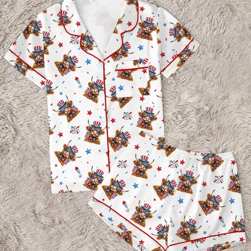 Cute Highland Cow 4th of July Festival Pajamas, Cozy Patriotic Sleepwear Set, USA Themed with Bow Stars Print, Women's Collared Shirt and Shorts Two-Piece Set, Fitted Short Sleeve Top and Shorts, Party Wear, All-Season Loungewear & Pjs