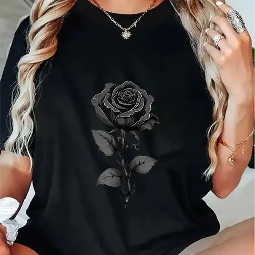 100% Cotton Unisex Black Rose Graphic T-Shirt,Casual Summer T-Shirt with Crew Neck,viral graphic tees