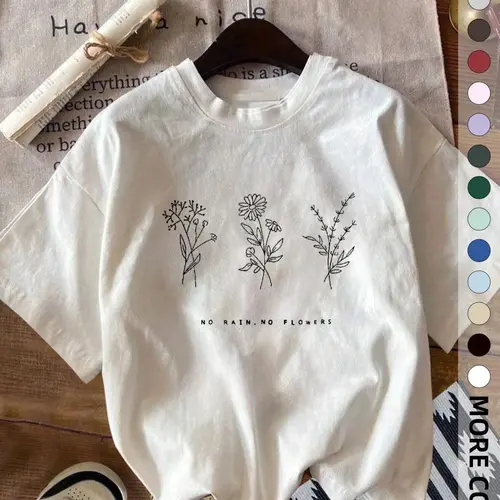 No Rain No Flowers Wildflower Graphic T-Shirt, Minimalist Botanical Line Art Print Tee, Oversized [100% cotton] Shirt, Boho Floral Casual Short Sleeve Top, Vintage Minimalist Cotton Tee for Everyday Wear and Plant Lover Gifts,viral graphic tees