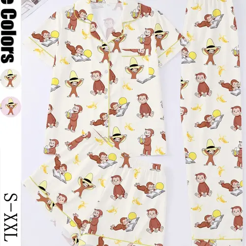3-Piece Cartoon Monkey Women's Sleepwear Pajama Set, Short Sleeve Button-Up Top, Elastic Shorts and Pants, Comfortable Home Wear