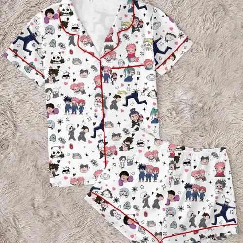 Dark Anime Sorcerer Pajama Set for Women, Cozy Soft Casual Cartoon Print Sleepwear, Street Style Loungewear, Fan Gift, Everyday, Pjs