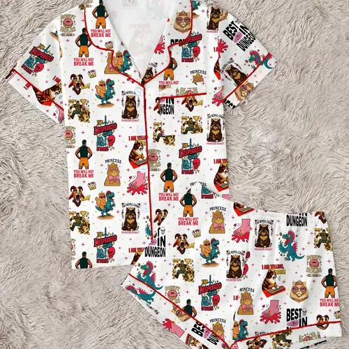 Women's Cute Dungeon Cat Print Pajama Set, Cozy Fantasy Sleepwear Set, Short-Sleeve Fitted Shirt and Pants, Two-Piece Homewear Set, Lightweight Loungewear, Nightwear Pajamas, Nightwear Outfit for Party Wear