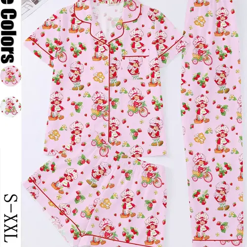 3-Piece Strawberry Girl Cute Women's Casual Fitted Cartoon Print Pajama Set, Short Sleeve Button-Up Top, Elastic Shorts and Pants, Comfortable Home Wear, Pjs, Loungewear, Loungewear Homewear