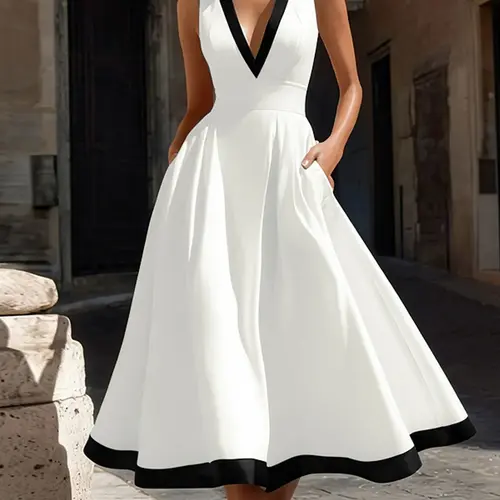 Women's Casual Dress, Chic, Everyday, V Neck Sleeveless, Colorblock Contrast Binding, Loose-Fitting A-Line, Semi-Transparent Fabric, Daily Wear