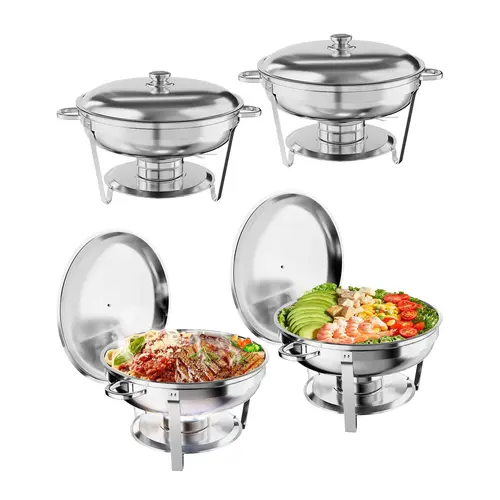 6 Pack 5QT Round Stainless Steel Chafing Dish Set, Buffet Food Warmers Complete with Food Pan, Water Pan, Lid, Support Frame and Fuel Holder, Ideal for Catering, Parties, Weddings, Camping & Dinner Events
