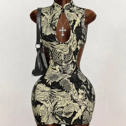 Elegant Summer Button Backless Dress for Women, Floral Print Sleeveless Bodycon Dress, Floral Prints Dress