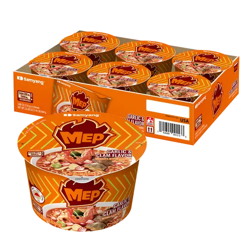 MEP Spicy Garlic Clam Korean Instant Noodles Bowl - Savory Refreshing Seafood Broth Ramyeon, Salt-Enhanced Fish-Infused Quick Microwave Pantry Snacks (Pack of 6)
