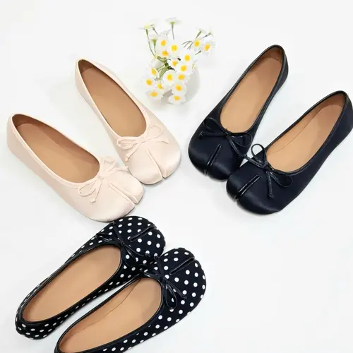 Women's Satin Bow Split-Toe Shoes, Unique Low Heel Slip-On Mary Jane Ballet Flats, Fashionable Single Strap Footwear, Walking Shoes, Summer Flat