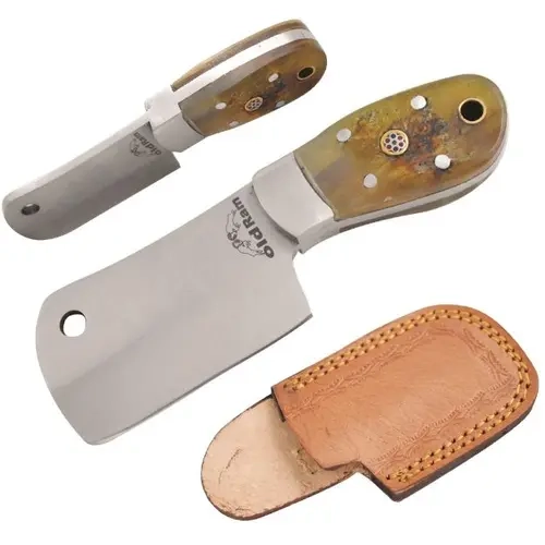 Old Ram 5-in Stainless Steel Short Horn Fixed Blade Cleaver Knife - Silver Bolsters, Mosaic Pins, Durable Handcrafted Precision, Compact Leather Case, Kitchenware for Camping & Hiking Outdoor Use