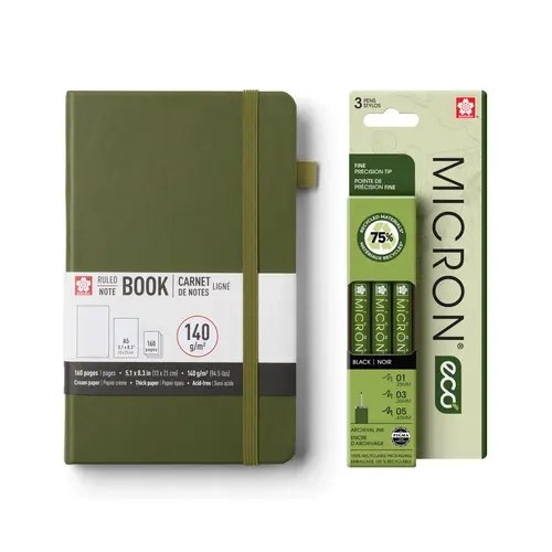 Sakura A5 Hardback Notebook & Pigma Micron Pen Bundle - Office/Art Stationery Sketchbook Set for Journaling, Sketching - 140gsm Acid-Free Lined Pages, Ribbon Bookmark, Archival Ink Pens, 5.1x8.3in