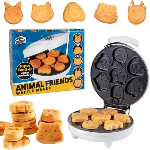 Waffle Wow! Animal Mini Waffle Maker – Makes 7 Fun Animal-Shaped Mini Waffles Including Cat, Dog, Reindeer & More, Nonstick Electric Breakfast Maker