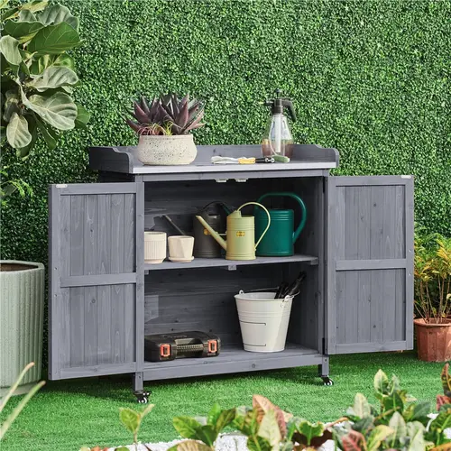 Costoffs Rectangular Solid Fir Garden Potting Bench Table - Outdoor Furniture with Waterproof Metal Tabletop, Large Tool Storage Cabinet, Organizing Shelf for Backyard, Patio (Rustic Charm Design), 154 Lb, Organizer, Stand
