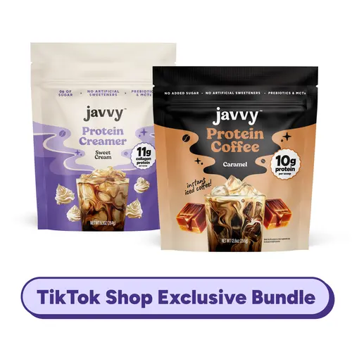 Javvy TikTok Exclusive Best Selling Duo Bundle Caramel Protein Coffee and Sweet Cream Protein Creamer Bundle Premium Whey Protein Instant Mix, 100% Natural, No Artificial Flavors & Sweeteners, No Added Sugar, 80 mg Caffeine Per Serving