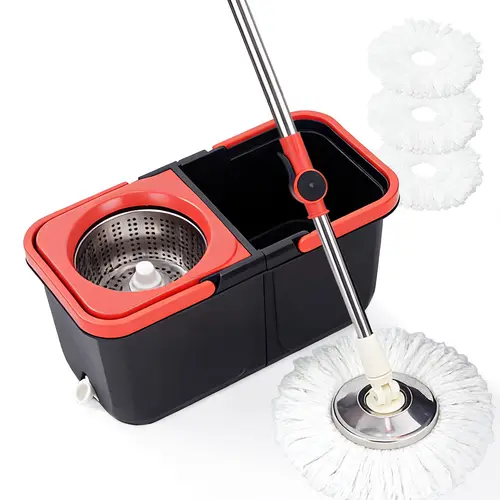 Household Rotating Mop and Bucket Set with Replacement Heads Hand Wash Free Dust Removal Wet Dry Dual Use for Kitchen Bathroom Floors