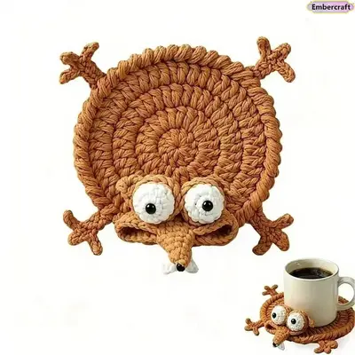Handmade Crochet Squirrel Coaster - 3D Whimsical Absorbent Heat-Resistant Cup Holder, Aesthetic Office Desk Accessories, Home Coffee Bar Decor, Unique Gift for Women Friends