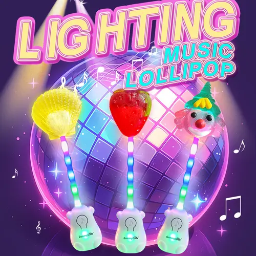 GUMMY GLOW Glowing Light Music Lollipop Snacks, Sugar Free Snacks with Bone Conduction Sweet Sound, Music-Light Dual Modes, Halal Certified, 3 Fruit Flavors, 3 Shapes, Fun Candy for Parties for Youth, Kpop TikTok #sohochic, Glow + Music