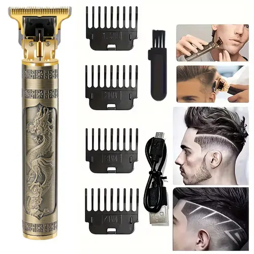 Men's Professional Gold Cordless Rechargeable Beard Trimmer Grooming Kit - Lithium Ion Batteries, USB Port, Compact Body, Precision Hair Clipper for Barber-Quality Home Shaving & Haircut, 1Pc