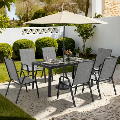 【SHIPS IN 2 BOXES】Outdoor Dining Sets for 6, Rectangular Steel Slat Table with 6 Textilene Chairs, 7 Piece Patio Table and Chairs Set with Umbrella Hole for Patio, Garden, Backyard and Poolside (Grey),summerwins