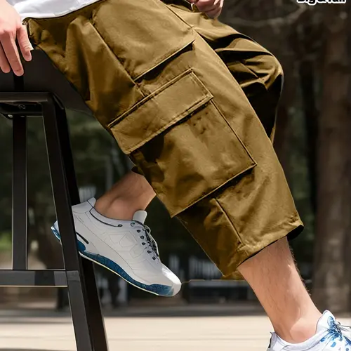 Large Size Men's Cargo Shorts, Basic Casual Shorts, Comfortable Fabric, Durable Large Pockets, Elastic Drawstring Design, Outdoor Casual Sports