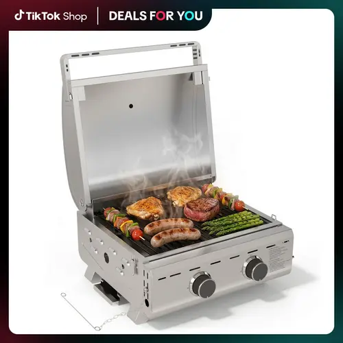 R.W.FLAME【SummerVibes】16,000 BTUs Tabletop Gas Grill, 2-Burner Portable Propane Grill with Foldable Legs, Extra-large 251 Sq. in Cooking Area, 20" Stainless Steel BBQ Grill for Backyard, RV, Camping, Tailgate,back to school,back to school haul
