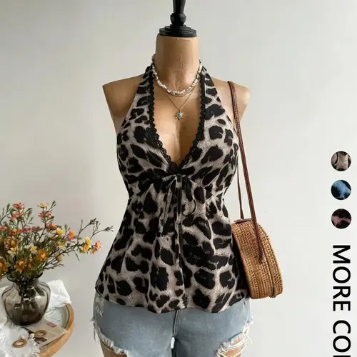1 Piece Women's Halter Top, Aesthetic Leopard Print Trim V Neck Tie Front Sleeveless Babydoll Cami Top, Flowy Peplum Casual Blouse, Figure Flattering for Daily Wear Vacation Brunch Going Out Streetwear