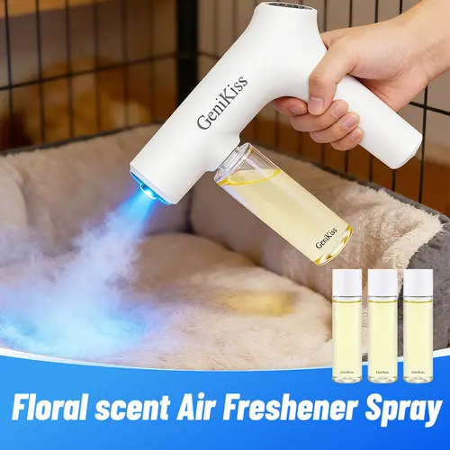 GeniKiss Nano Blue Light Probiotic Deodorizer Compound bio-enzymes decompose urine, plant extract formula with floral fragrance. It deodorizes and inhibits bacteria for pets, effectively eliminating strong peculiar odors, Floral scent Air Freshener Spray