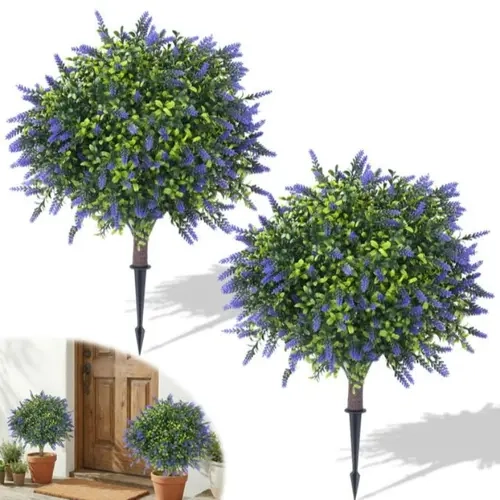 2-Pack 24" Artificial Lavender Boxwood Topiary Ball with Ground Spike,  UV Resistant Faux Plants for Front Porch Garden Indoor Outdoor Artificial Cedar Trees Artificial Flowers Flower