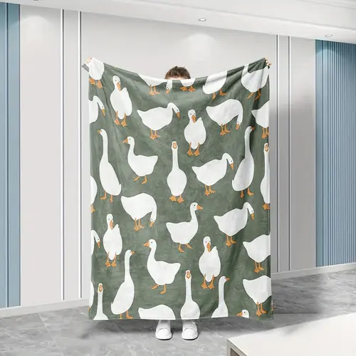 Sage Green Plush Flannel Fabric Decorative Throw Blanket - Cute White Goose Bird Motifs, Soft Cozy Warm Fuzzy Animal-Themed Blanket, Multi-Size for Bedroom Sofa, Ideal Gift for Home Decor Enthusiasts