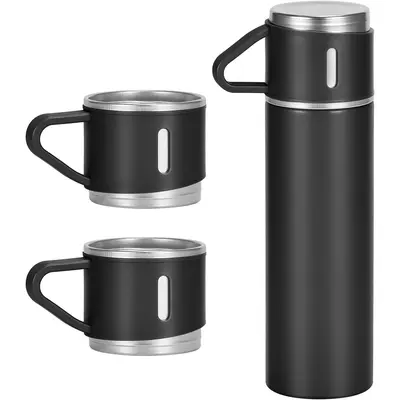 500ml/17 Oz Stainless Steel Vacuum Insulated Thermo Bottle Set with 3 Mugs, Portable Kitchenware Drinkware for Hot & Cold Beverages, Mug
