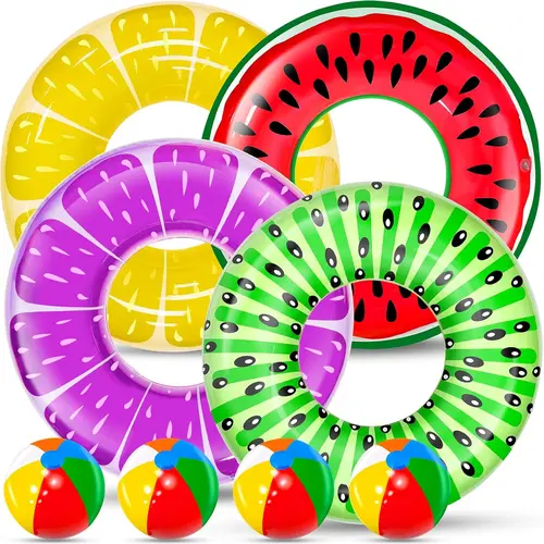 summervibes-8 Pack Inflatable Pool Floats Kids, 4 Pcs Fruit Swim Tubes Rings and 4 Pcs Beach Balls, Pool Floaties Summer Hawaiian Beach Toys Swimming Luau Party Floats for Kids Adults Water Fun