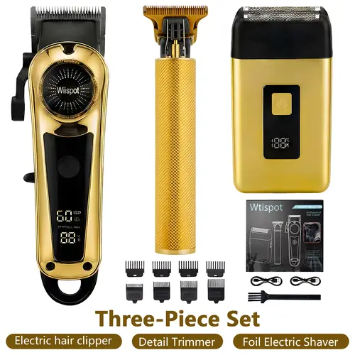 3pcs Men's USB Electric Hair Trimmer Set - Flawless Hair Tools, Barber Equipment, Travel Size, Alloy Knife Head, LCD Display, Precise Cut, Carving Function, Household/Car Use, Father's Day Gift