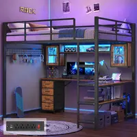 ADORNEVE Full Size Gaming Loft Bed Frame - Bedroom Furniture with Desk, Hutch, Fabric Drawers, Color Changing RGB Lights, Safety Power Outlet, Guardrail, Ladder, Floating Shelves Compatible, Space-Saving for Teens