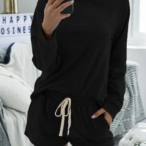 Women's Plain Ribbed Sleeve T-Shirt and Drawstring Waist Shorts Set, Casual Comfortable Loose Round Neck Top and Pocket Short Pajama Set Nightwear Loungewear Pjs