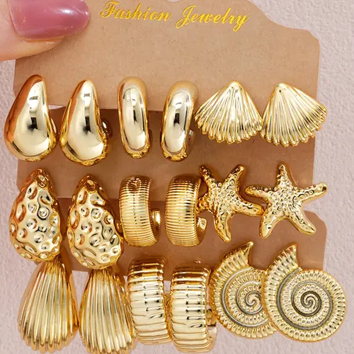 9 Pairs Gold Ocean Earring Set, Bohemian Vintage Starfish Seashell Conch Teardrop Studs & Hoop Earrings for Women, Beach Vacation Jewelry, Party Birthday Gift, Summer Jewelry